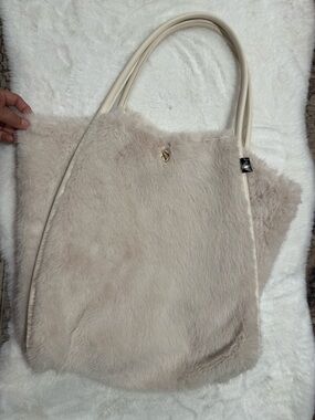 Victoria's Secret Plush Faux Fur Tote in Light Beige with Cream Handles